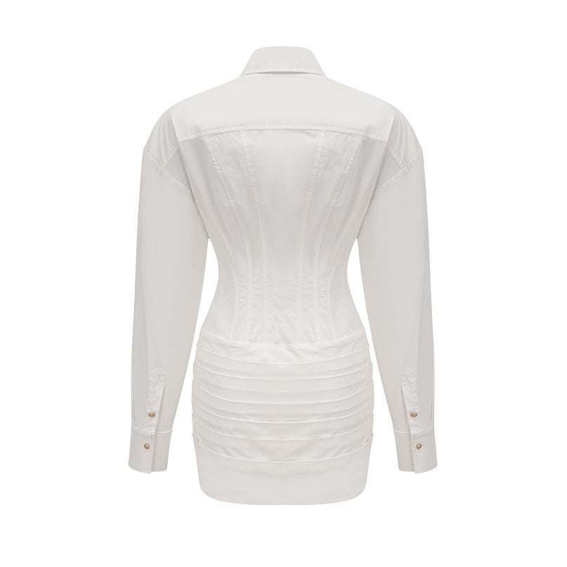 Coraline White Mini Dress with Buttoned Cuffs and Pleated Detailing