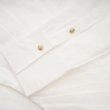 Coraline White Mini Dress with Embossed Gold Buttons and Pleated Detailing