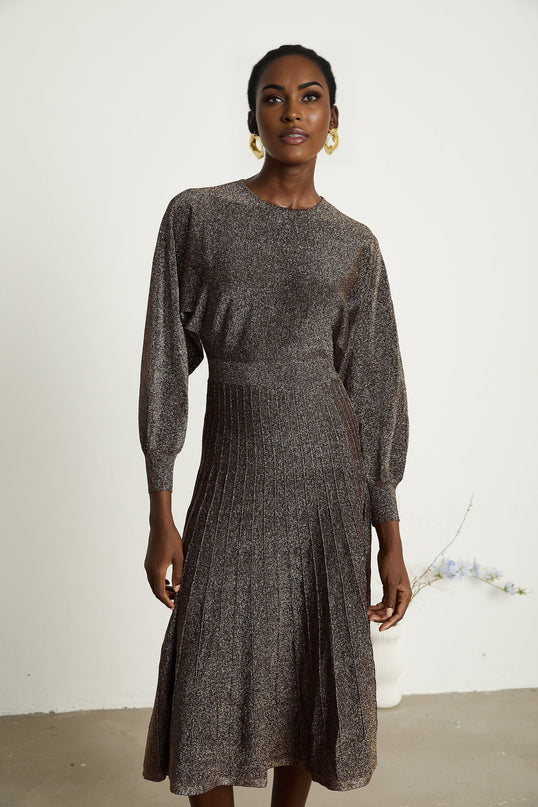 Cordélia brown metallicthreading ribbed midi dress
