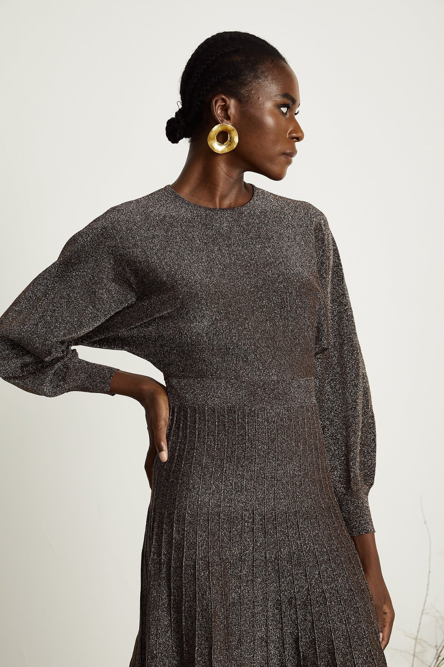 Cordélia brown metallicthreading ribbed midi dress