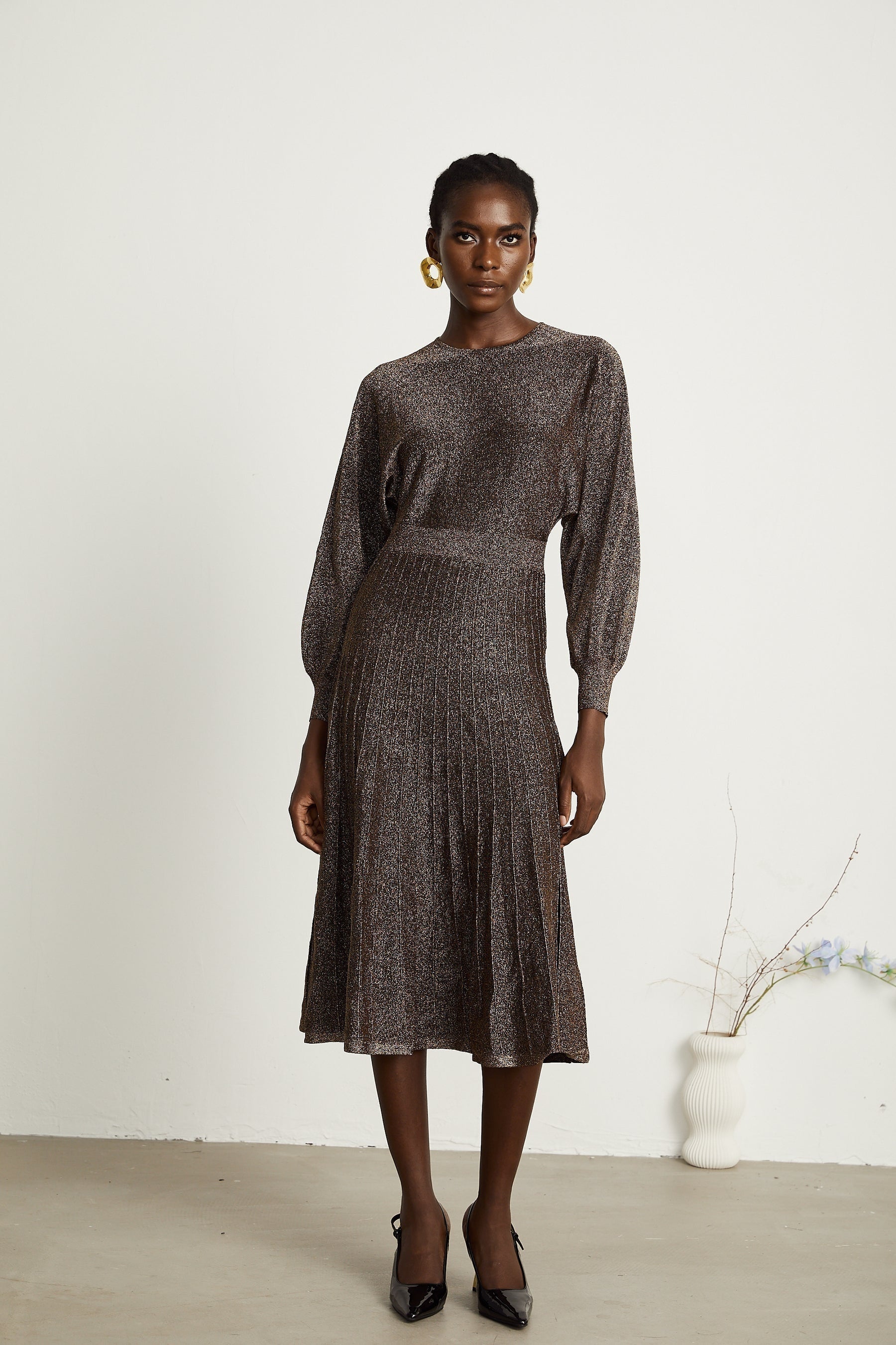 Cordélia brown metallicthreading ribbed midi dress