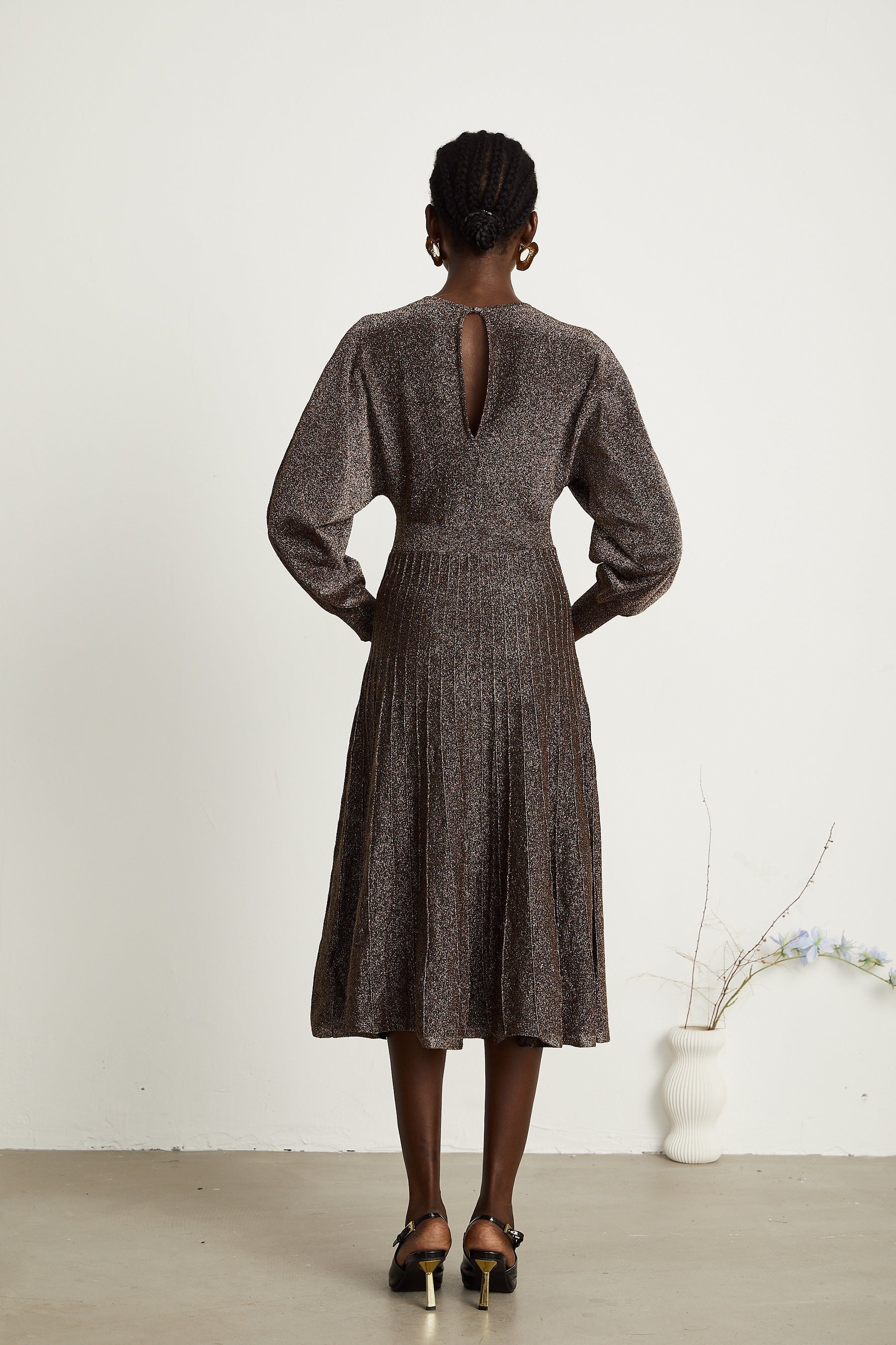 Cordélia brown metallicthreading ribbed midi dress
