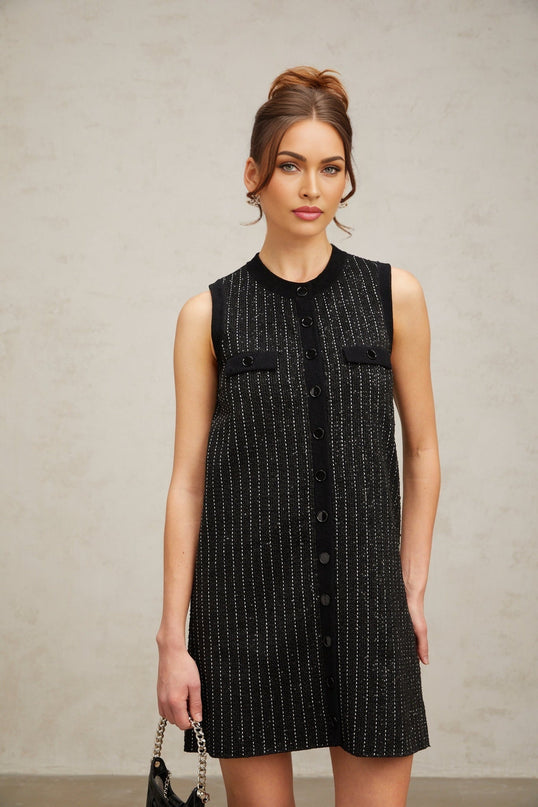 Corinna Black Knitted Dress Sequined Stripe Velvet