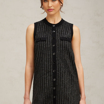 Corinna Black Knitted Sequined Stripe Velvet Mini Dress