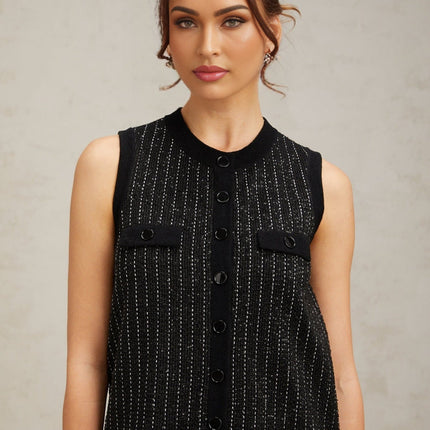Corinna Black Knitted Sequined Stripe Velvet Mini Dress