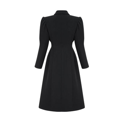 Corinna Black Long Sleeve Midi Dress with Lapels and Pleats