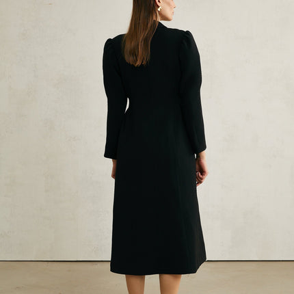 Corinna Black Long Sleeve Midi Dress with Lapels and Pleats