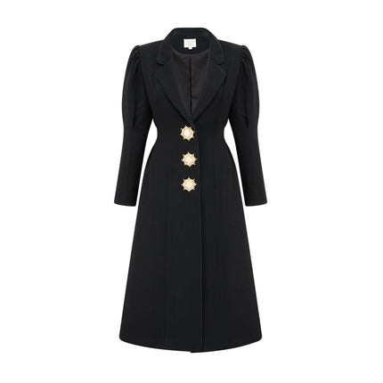 Corinna Black Long Sleeve Midi Dress lapels pleats waist-tightened silhouette button fastening luxurious blend cotton polyester versatile wardrobe staple fashion enthusiast