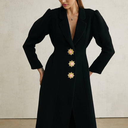 Corinna Black Long Sleeve Midi Dress lapels pleats waist-tightened silhouette button fastening cotton polyester versatile wardrobe staple