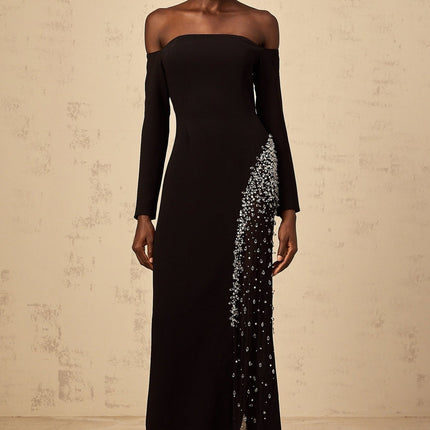 Corinna Black Mesh Panel Crystal Embellished Maxi Dress