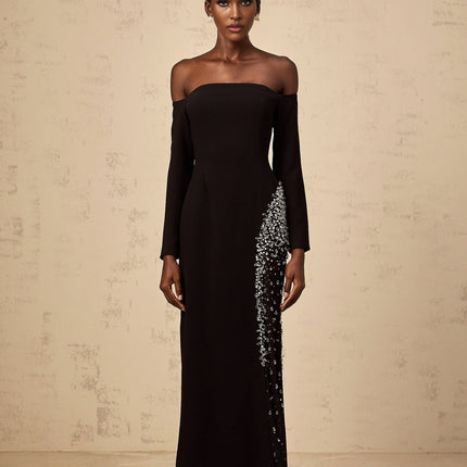 Corinna Black Mesh Panel Crystal Embellished Maxi Dress with Long Sleeves and Rear Slit