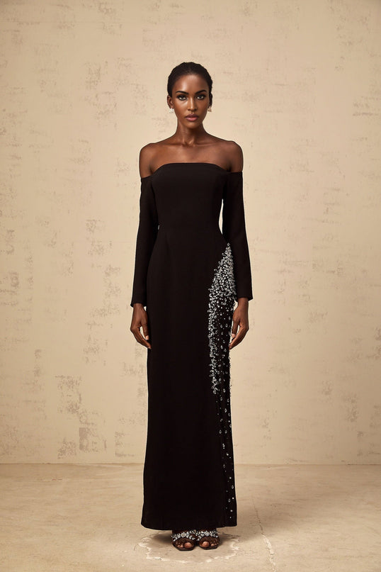 Corinna Black Mesh Panel Crystal Embellished Maxi Dress with Long Sleeves and Rear Slit