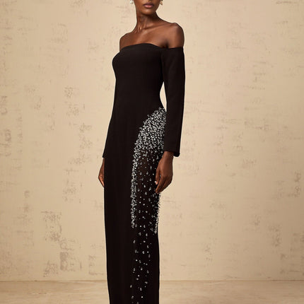 Corinna Black Mesh Panel Maxi Dress with Crystal Embellishments
