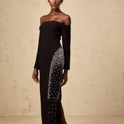 Corinna Black Mesh Panel Crystal Embellished Maxi Dress
