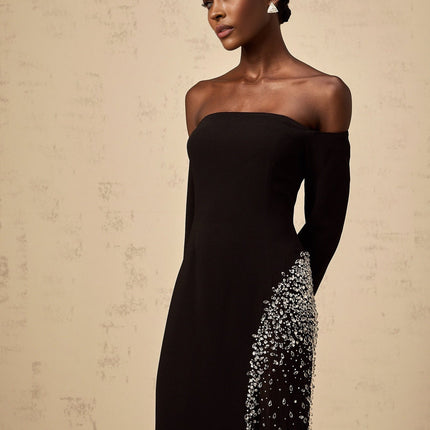 Corinna Black Mesh Panel Crystal Embellished Maxi Dress