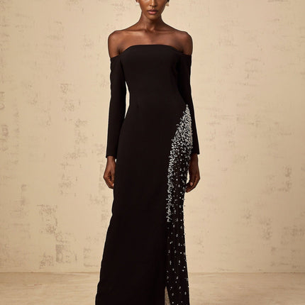 Corinna Black Mesh Panel Crystal Embellished Maxi Dress