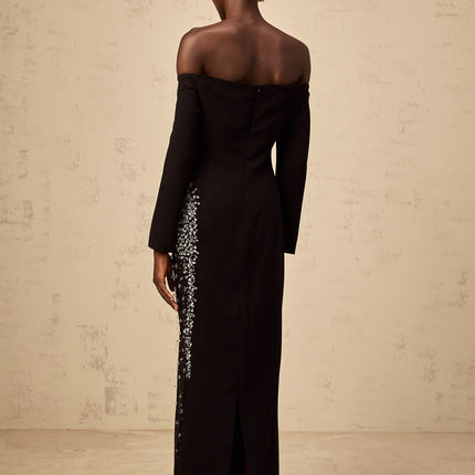 Corinna Black Mesh Panel Maxi Dress with Crystal Embellishments