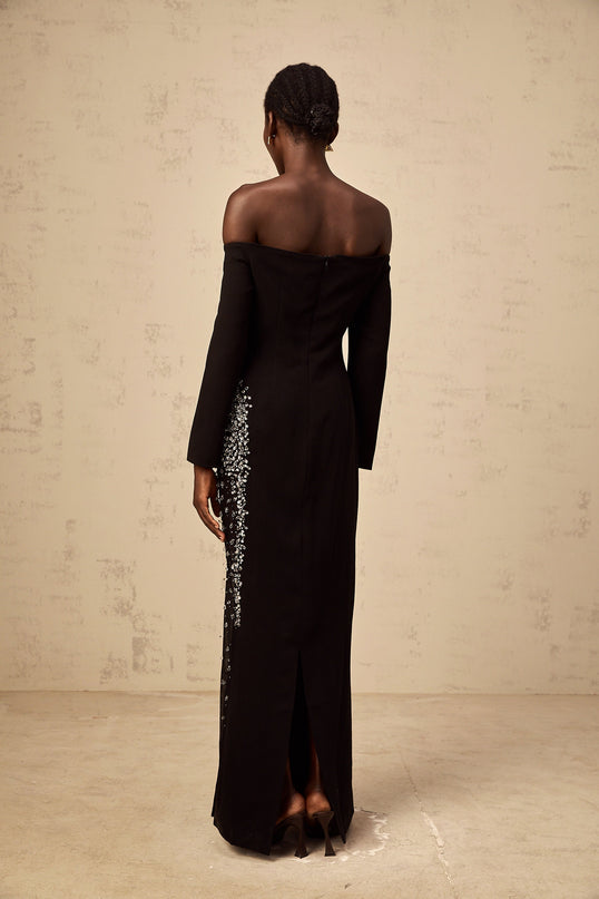 Corinna Black Mesh Panel Maxi Dress with Crystal Embellishments