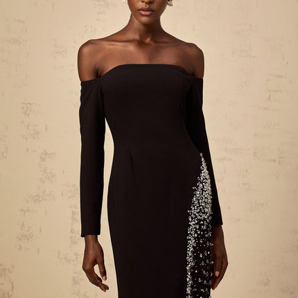Corinna Black Mesh Panel Maxi Dress with Crystal Embellishments