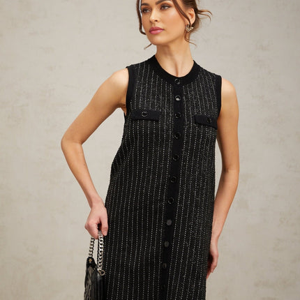 Corinna Black Sequined Stripe Velvet Mini Dress