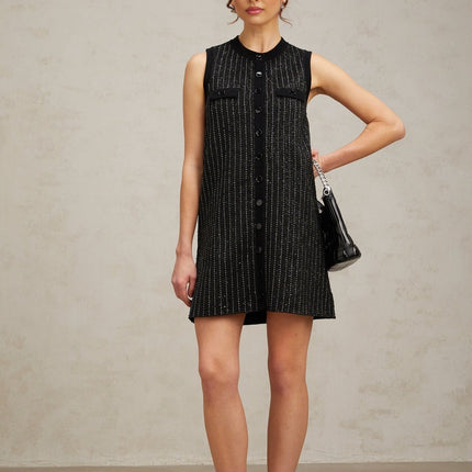 Corinna Black Sequined Stripe Velvet Mini Dress