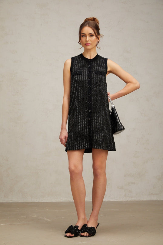 Corinna Black Sequined Stripe Velvet Mini Dress
