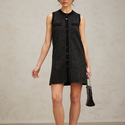 Corinna Black Sequined Stripe Velvet Mini Dress