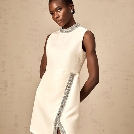 Corinna Ivory White Mini Dress with Crystal Embellishment