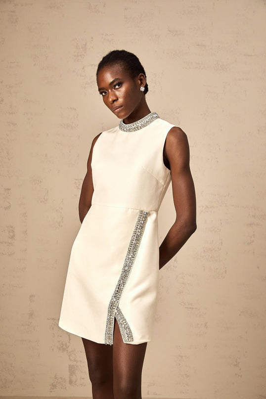 Corinna Ivory White Mini Dress with Crystal Embellishment
