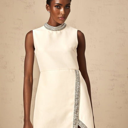 Corinna Ivory White Silk Viscose Mini Dress with Crystal Embellishment