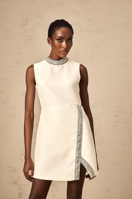Corinna Ivory White Silk Viscose Mini Dress with Crystal Embellishment