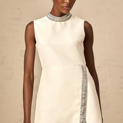 Corinna Ivory White Silk Blend Mini Dress with Crystal Embellishment