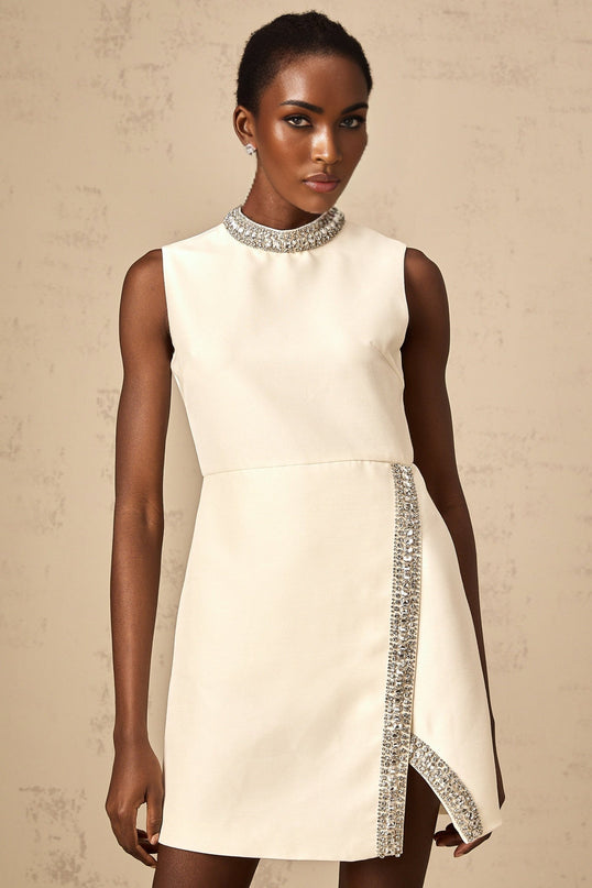 Corinna Ivory White Silk Blend Mini Dress with Crystal Embellishment