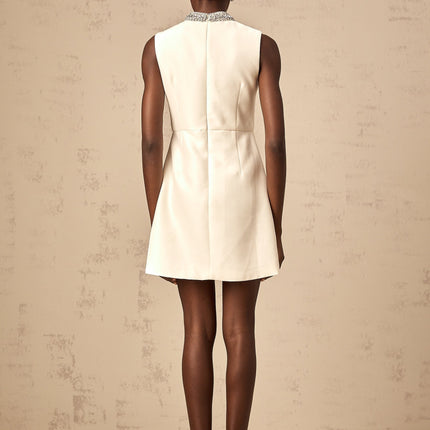 Corinna Ivory White Silk Viscose Mini Dress Crystal Embellishment