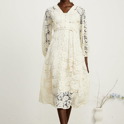 Corinna Midi Dress in Neutrals Paisley Pattern V-Neck Long Sleeve Tied Waist Calf-Length