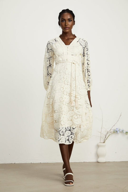 Corinna Midi Dress in Neutrals Paisley Pattern V-Neck Long Sleeve Tied Waist Calf-Length