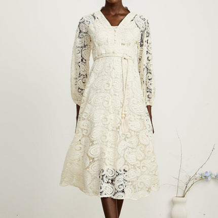 Corinna Midi Dress Neutrals Paisley Pattern V-Neck Long Sleeves Tied Waist Openwork Detailing Front Button Fastening Internal Slip Lining Calf-Length Luxury Blend
