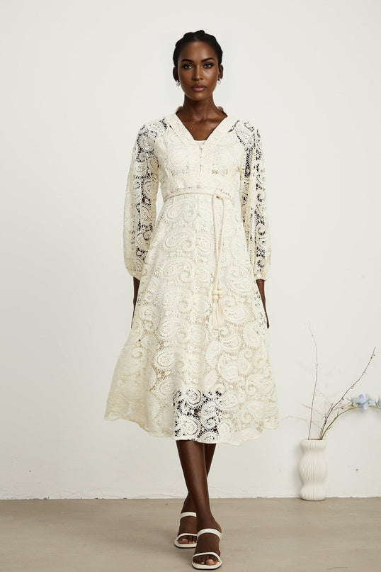 Corinna Midi Dress Neutrals Paisley Pattern V-Neck Long Sleeves Tied Waist Openwork Detailing Front Button Fastening Internal Slip Lining Calf-Length Luxury Blend