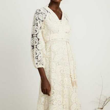 Corinna Midi Dress in Neutrals Paisley Pattern V-Neck Long Sleeves Tied Waist Calf-Length