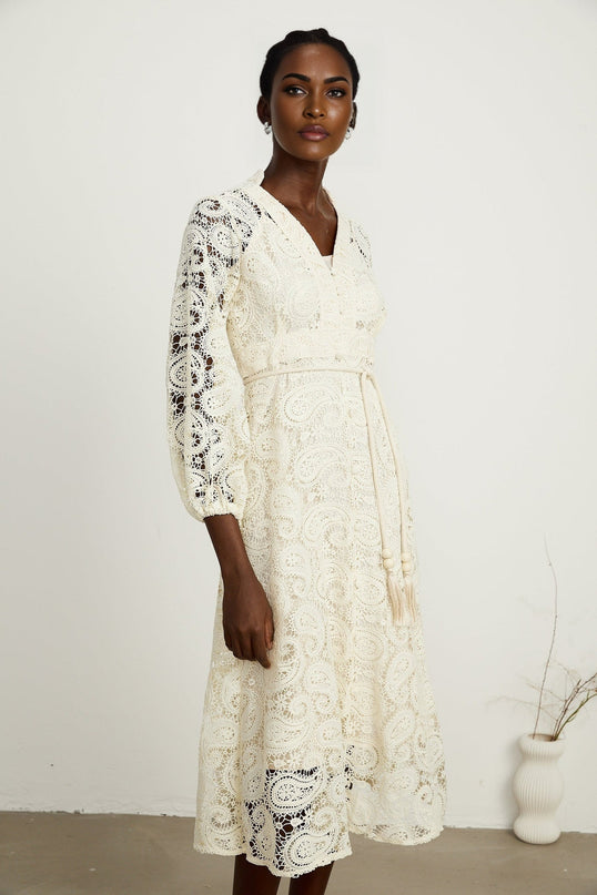 Corinna Midi Dress in Neutrals Paisley Pattern V-Neck Long Sleeves Tied Waist Calf-Length