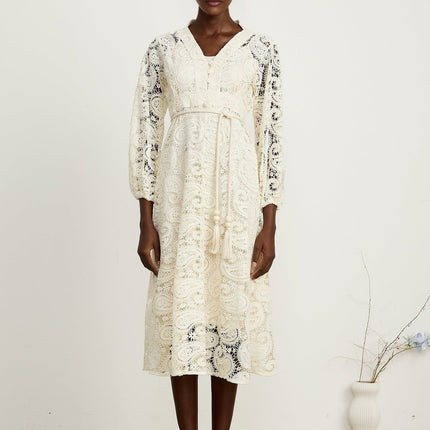 Corinna Midi Dress in Neutrals Paisley Pattern V-neck Long Sleeve Tied Waist Calf-length