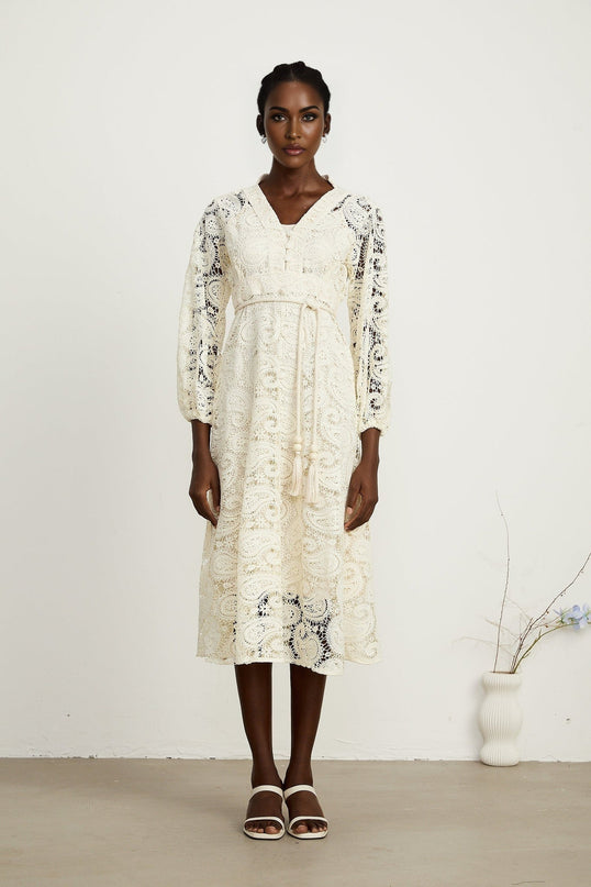 Corinna Midi Dress in Neutrals Paisley Pattern V-neck Long Sleeve Tied Waist Calf-length