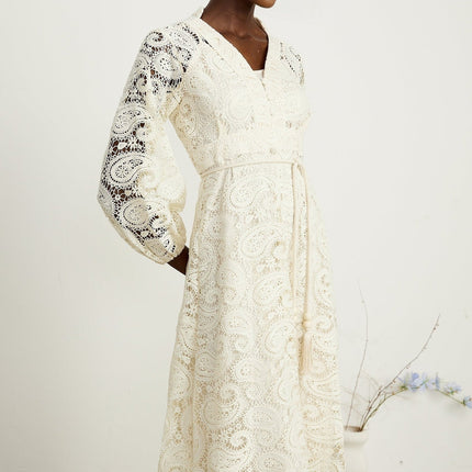 Corinna Midi Dress Neutrals Paisley Pattern V-Neck Long Sleeves Tied Waist Openwork Detailing Front Button Fastening Calf-Length Luxury Blend