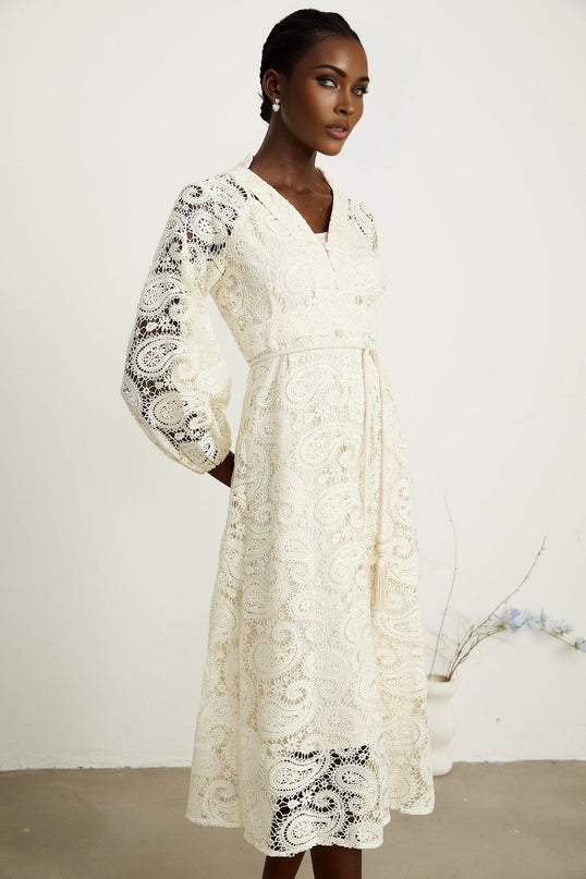 Corinna Midi Dress Neutrals Paisley Pattern V-Neck Long Sleeves Tied Waist Openwork Detailing Front Button Fastening Calf-Length Luxury Blend