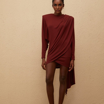 Corinna Mini Dress in Red Wool Blend with Batwing Sleeves and Ruched Detailing