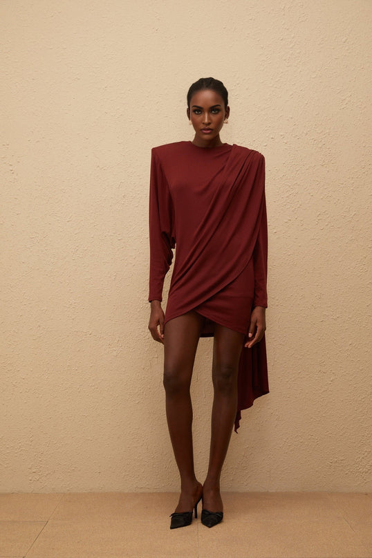 Corinna Mini Dress in Red Wool Blend with Batwing Sleeves and Ruched Detailing