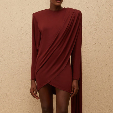 Corinna Mini Dress Red Asymmetrical Elegance Batwing Sleeves Ruched Detailing