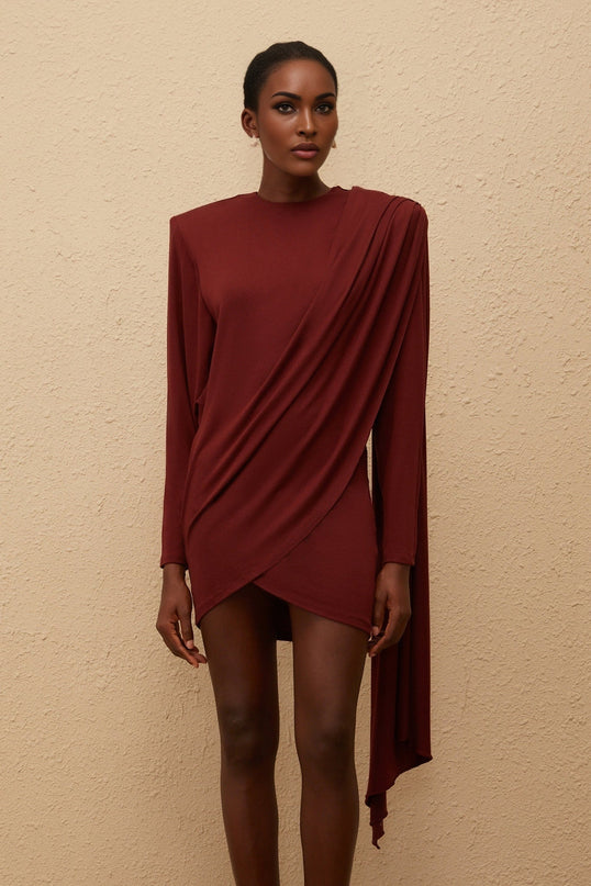 Corinna Mini Dress Red Asymmetrical Elegance Batwing Sleeves Ruched Detailing