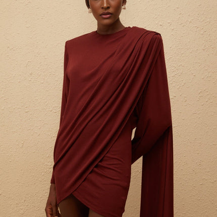 Corinna Mini Dress Red Asymmetrical Elegance Batwing Sleeves Luxury Knit Ruched Detailing