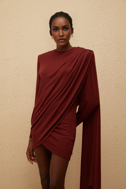 Corinna Mini Dress Red Asymmetrical Elegance Batwing Sleeves Luxury Knit Ruched Detailing